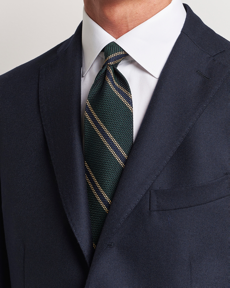 Homme | Finamore Napoli Regimental Grenadine Silk Tie Green/Navy | Finamore Napoli | Regimental Grenadine Silk Tie Green/Navy