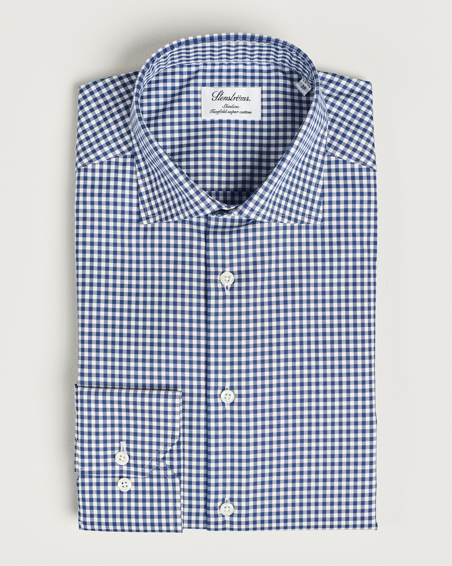 Homme | Chemises | Stenströms | Slimline Mini Check Cut Away Shirt Blue
