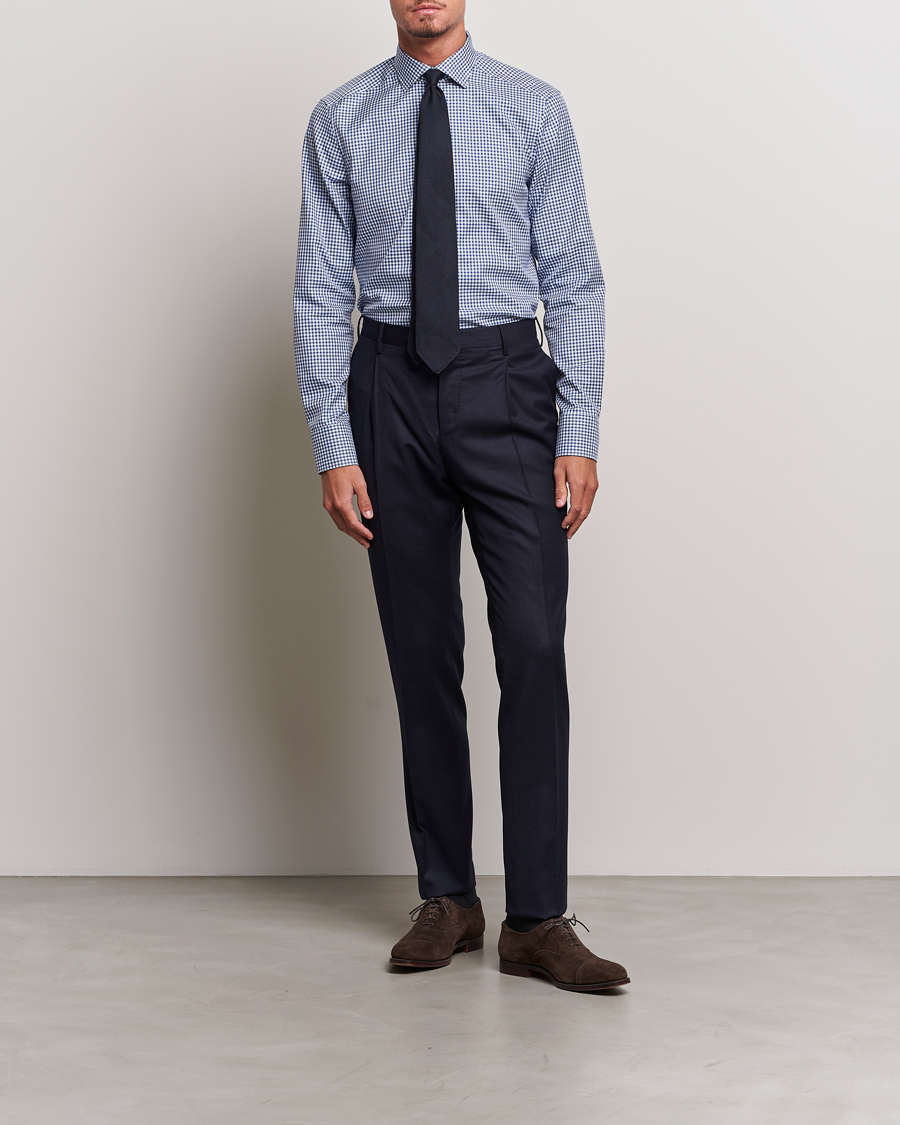 Homme | Chemises | Stenströms | Slimline Mini Check Cut Away Shirt Blue