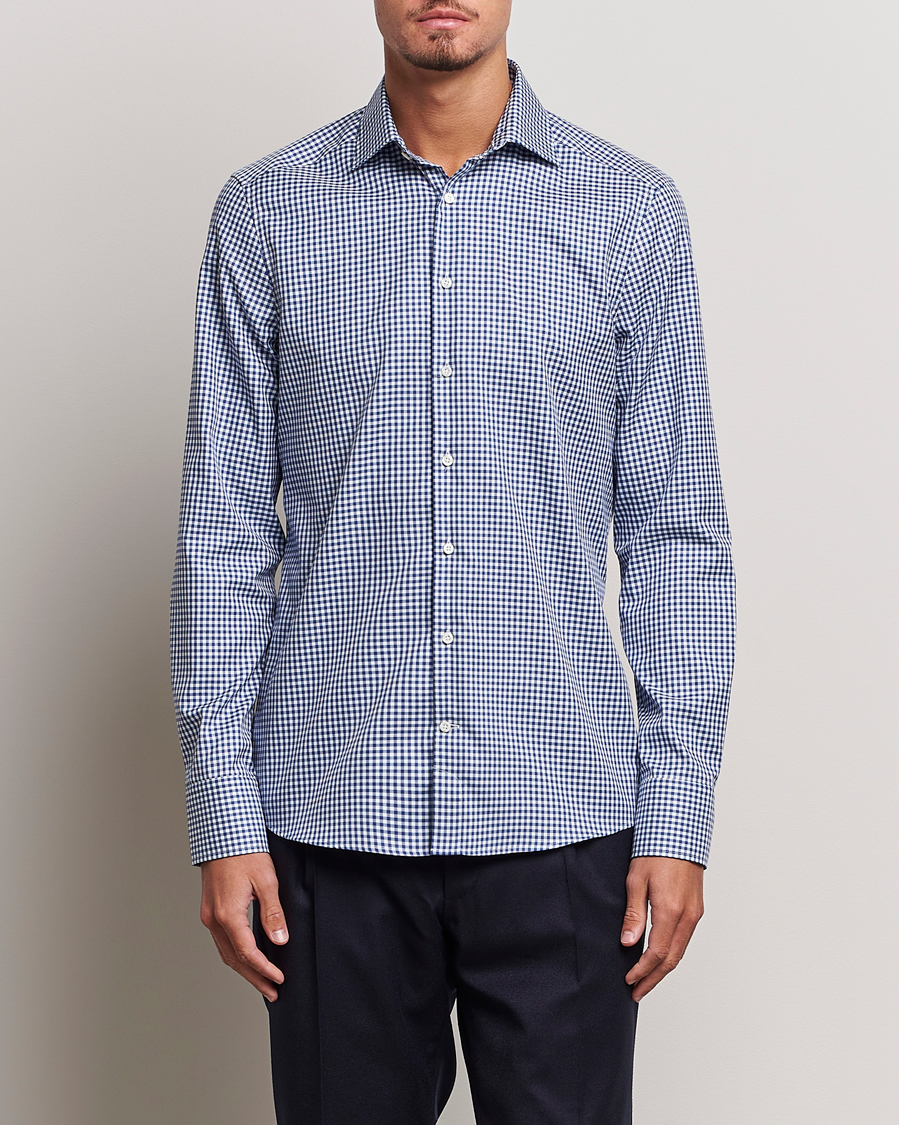 Homme | Chemises | Stenströms | Slimline Mini Check Cut Away Shirt Blue