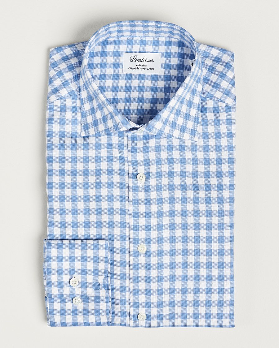 Homme | Chemises | Stenströms | Slimline Check Cut Away Shirt Light Blue