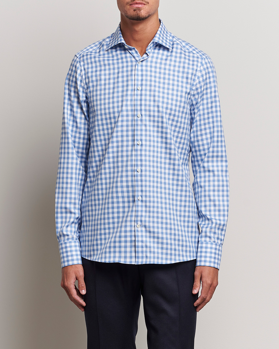 Homme | Chemises | Stenströms | Slimline Check Cut Away Shirt Light Blue