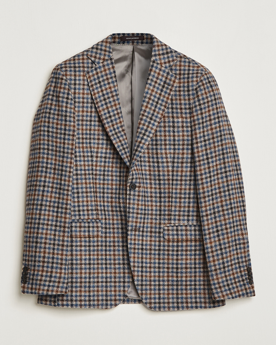 Homme | Blazers | Oscar Jacobson | Fogerty Soft Small Checked Wool Blazer Blue/Brown