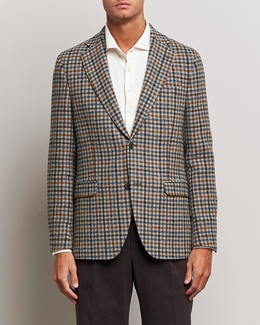 Homme | Blazers | Oscar Jacobson | Fogerty Soft Small Checked Wool Blazer Blue/Brown