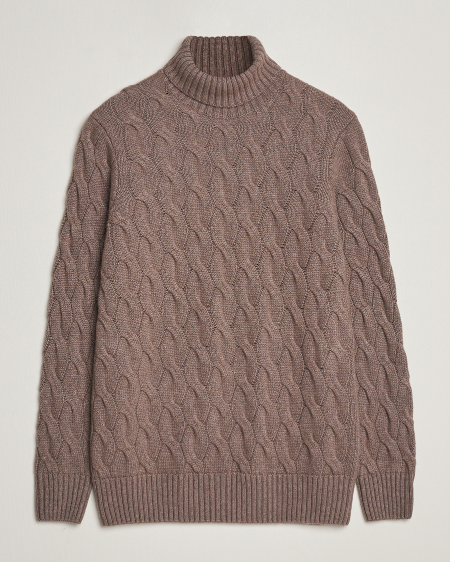 Homme | Pulls Et Tricots | Oscar Jacobson | Seth Heavy Knitted Wool/Cashmere Cable Rollneck Brown