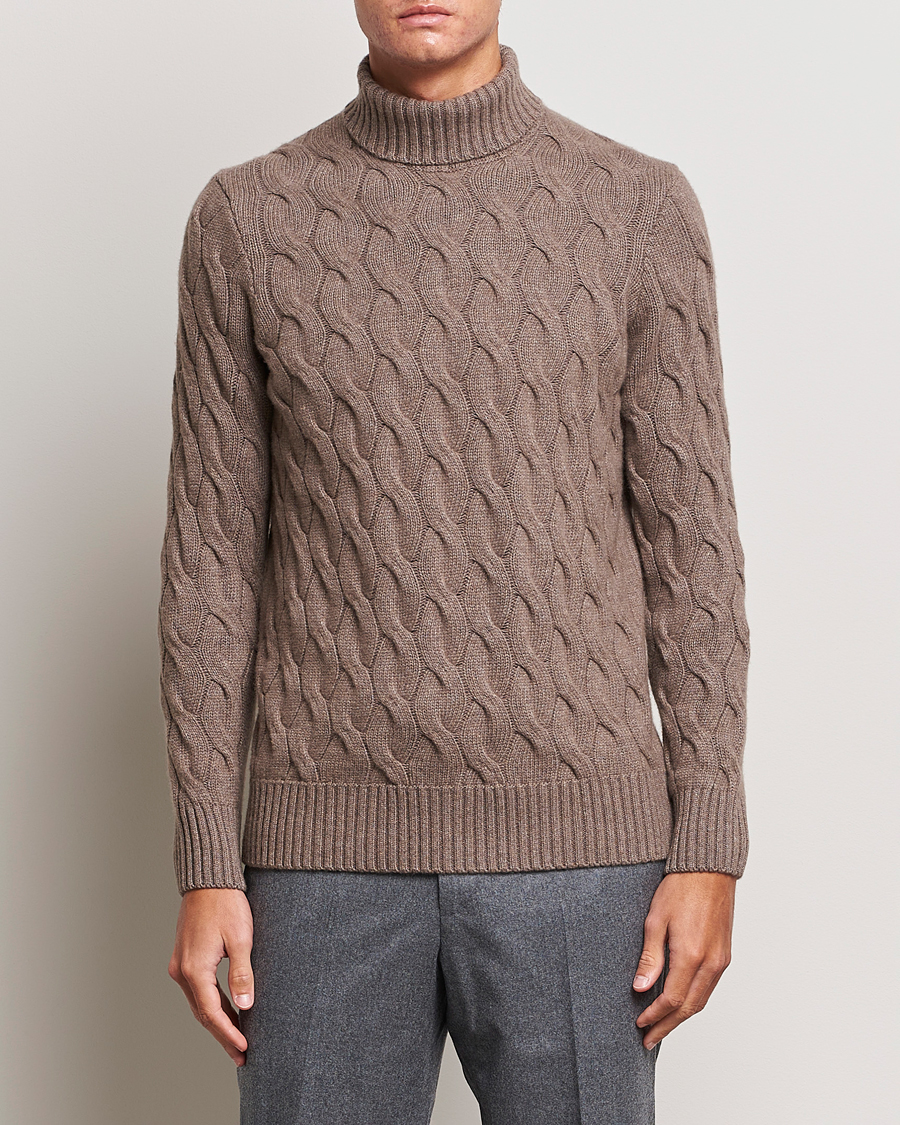 Homme | Pulls Et Tricots | Oscar Jacobson | Seth Heavy Knitted Wool/Cashmere Cable Rollneck Brown