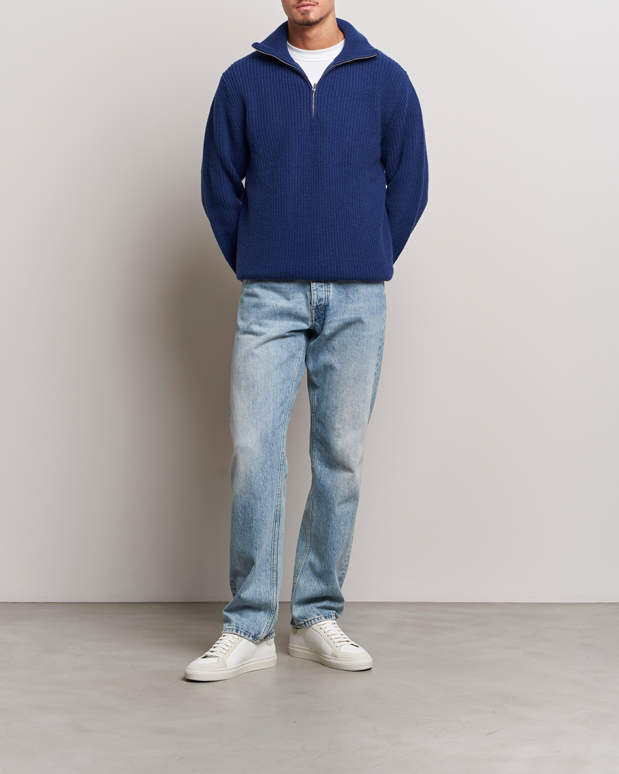 Homme | Pulls Et Tricots | Nudie Jeans | August Wool Rib Knitted Half Zip Royal Blue