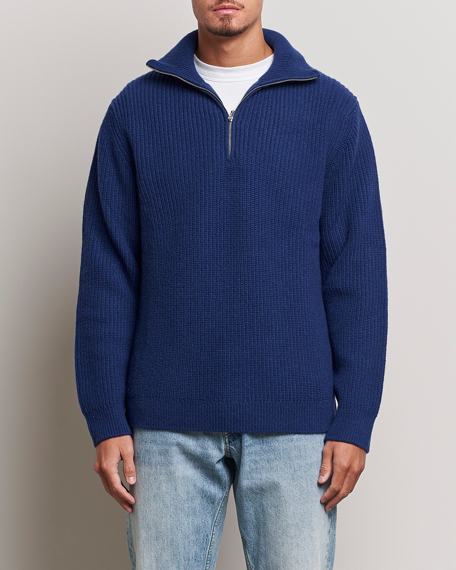 Homme | Pulls Et Tricots | Nudie Jeans | August Wool Rib Knitted Half Zip Royal Blue