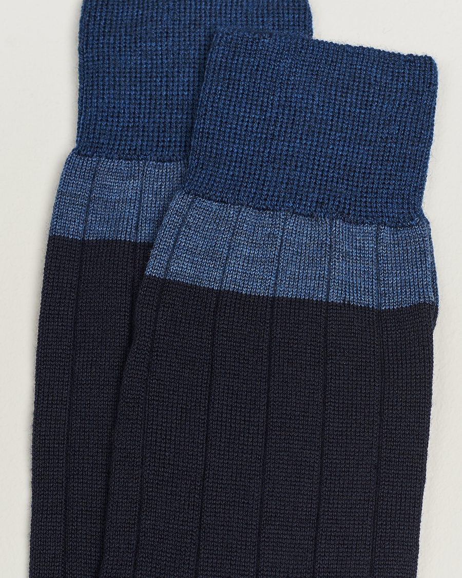 Homme |  | Bresciani | Wide Ribbed Block Stripe Wool Socks Navy
