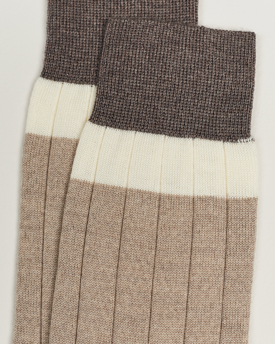Homme |  | Bresciani | Wide Ribbed Block Stripe Wool Socks Biege