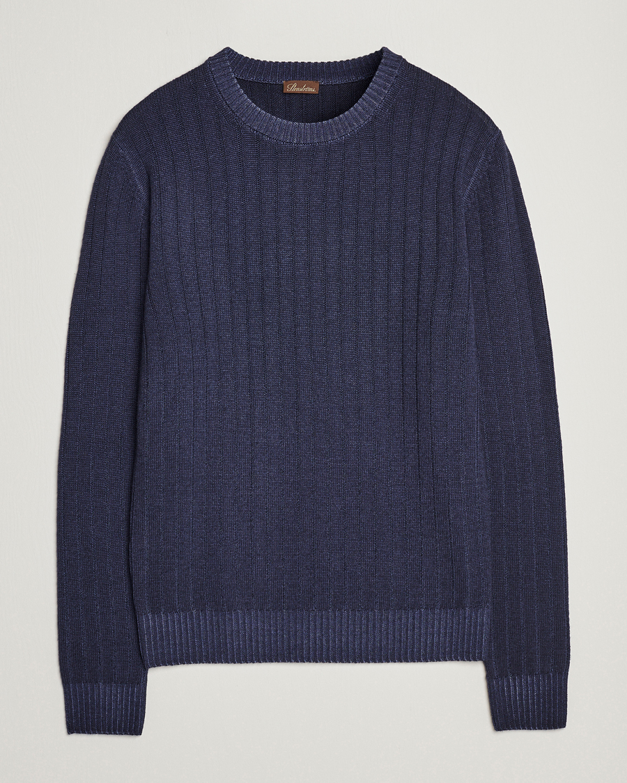Homme | Pulls Et Tricots | Stenströms | Garment Dyed Ribbed Merino Wool Crewneck Blue