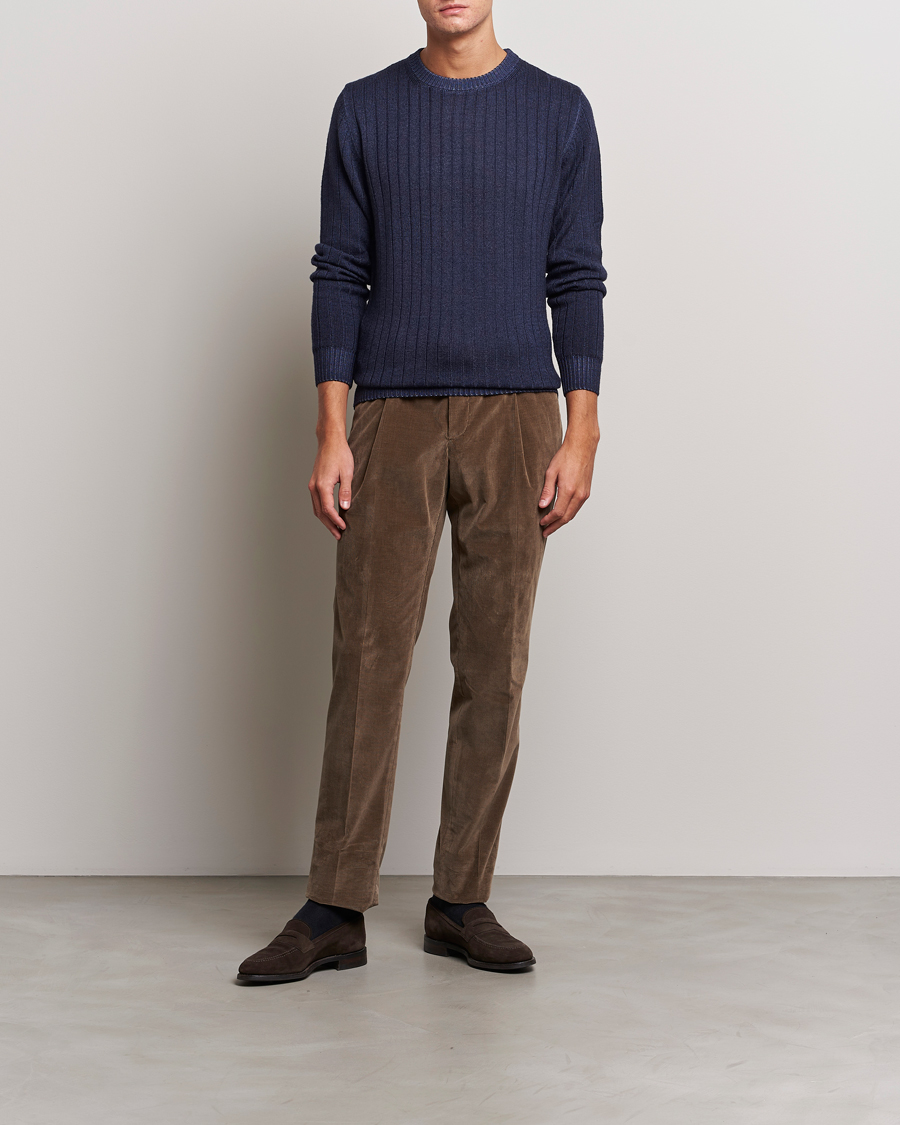 Homme | Pulls Et Tricots | Stenströms | Garment Dyed Ribbed Merino Wool Crewneck Blue