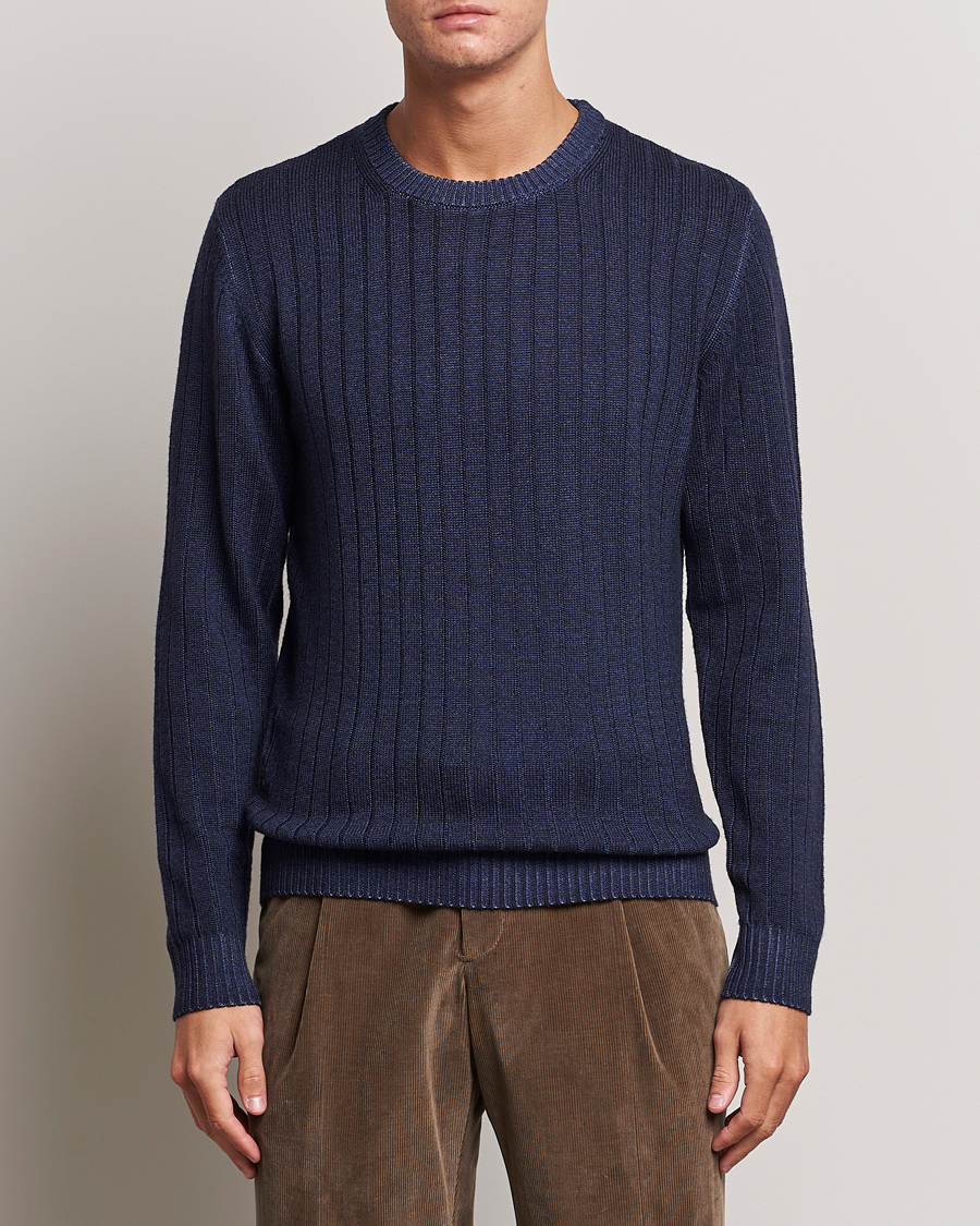 Homme | Pulls Et Tricots | Stenströms | Garment Dyed Ribbed Merino Wool Crewneck Blue