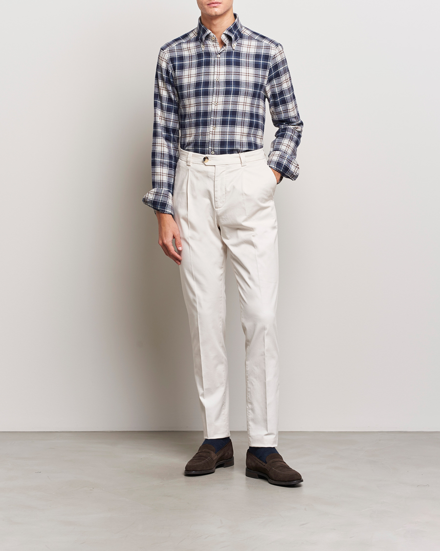 Homme | Chemises | Stenströms | Slimline Checked Button Down Flannel Shirt Blue