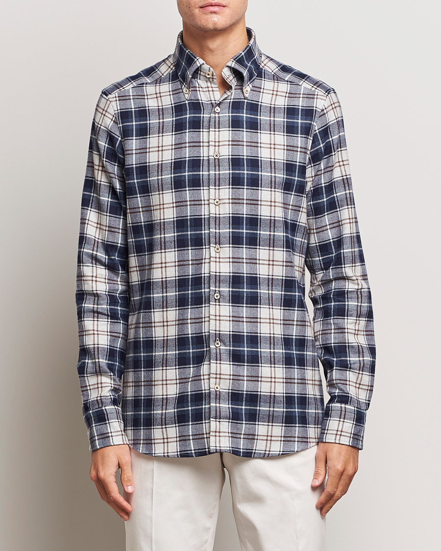 Homme | Chemises | Stenströms | Slimline Checked Button Down Flannel Shirt Blue