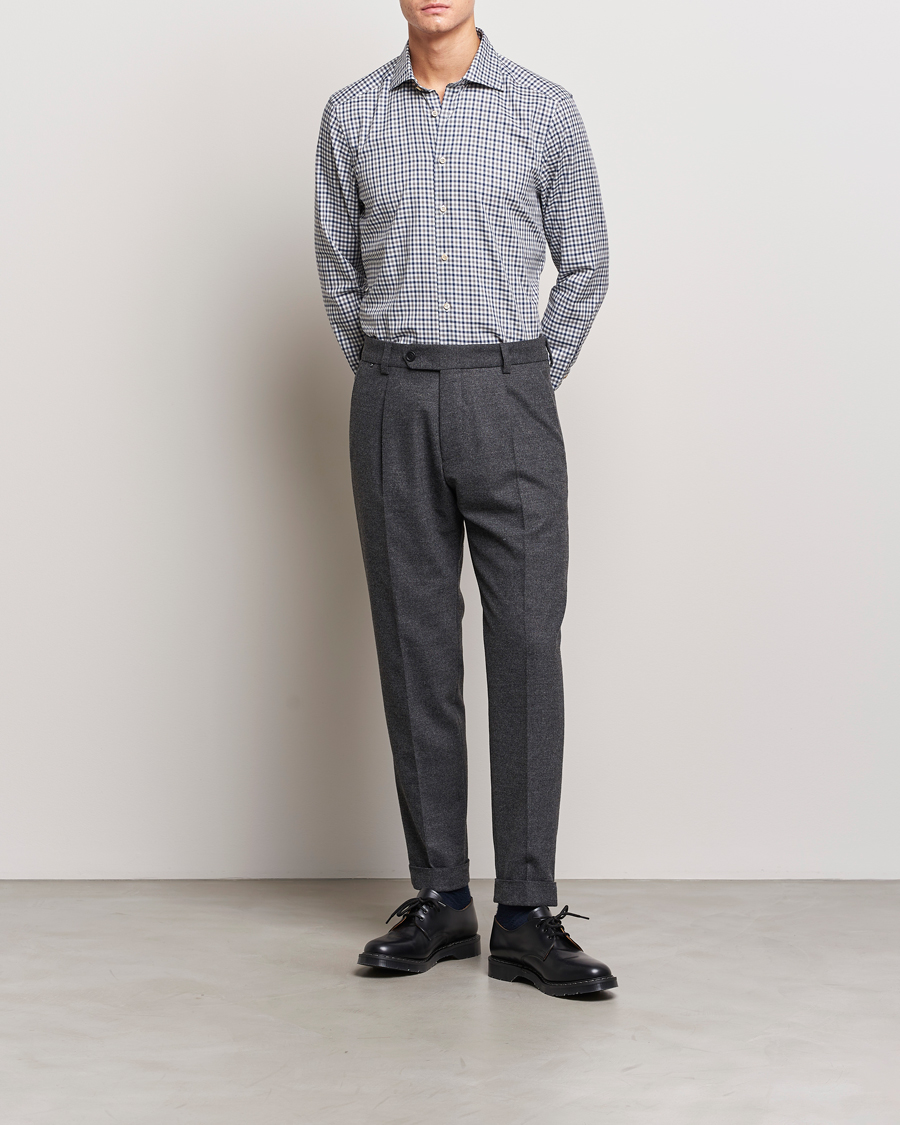 Homme | Chemises | Stenströms | Slimline Small Checked Flannel Shirt Blue/Grey