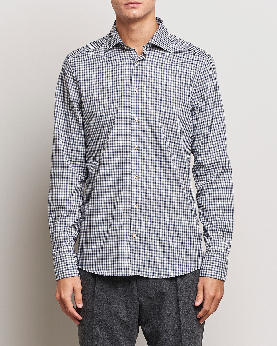 Homme | Chemises | Stenströms | Slimline Small Checked Flannel Shirt Blue/Grey
