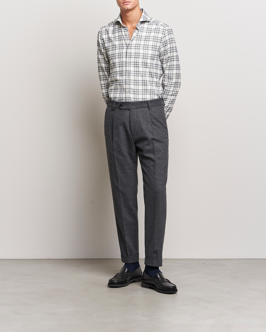 Homme | Chemises | Stenströms | Slimline Checked Cut Away Flannel Shirt White/Black