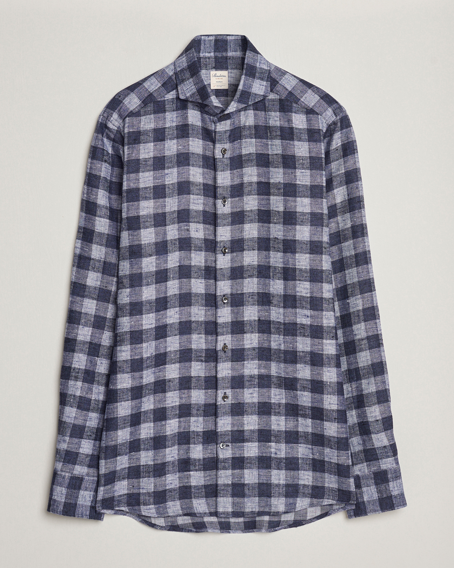 Homme | Chemises | Stenströms | Slimline Checked Linen Flannel Shirt Blue