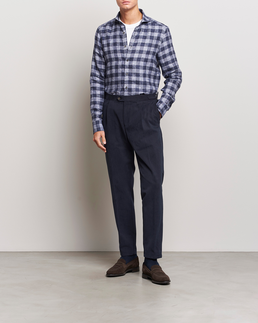 Homme | Chemises | Stenströms | Slimline Checked Linen Flannel Shirt Blue