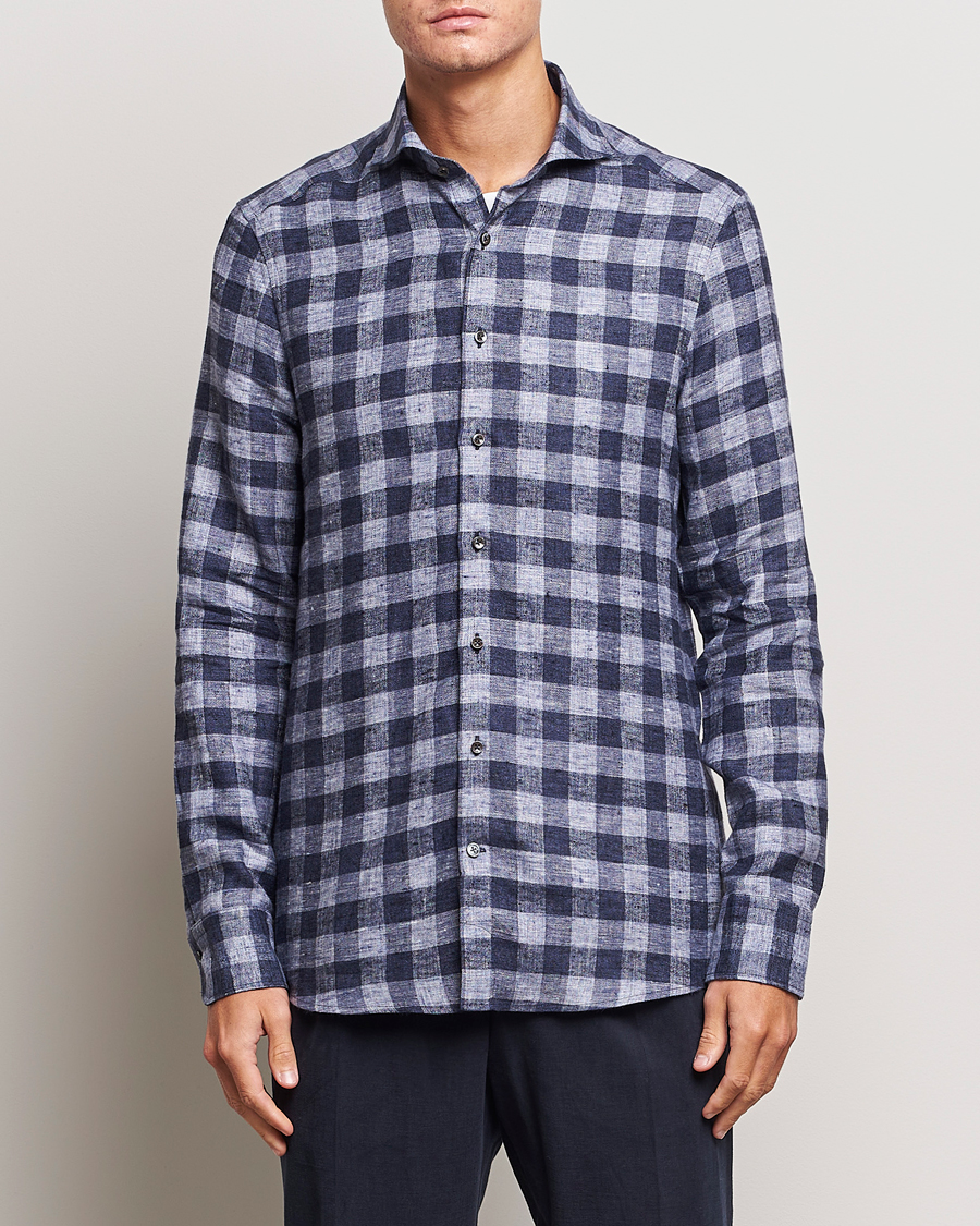 Homme | Chemises | Stenströms | Slimline Checked Linen Flannel Shirt Blue