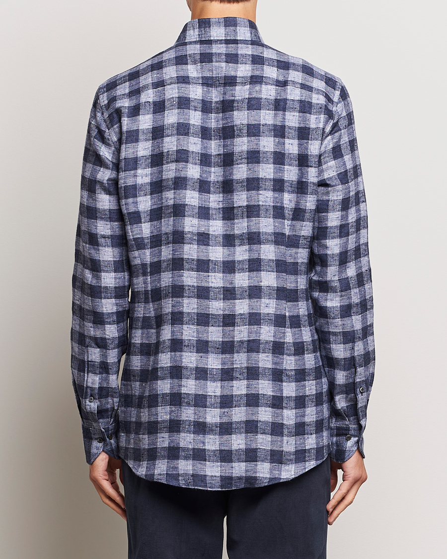 Homme | Chemises | Stenströms | Slimline Checked Linen Flannel Shirt Blue