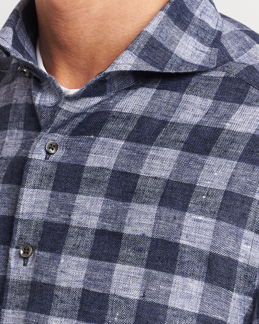 Homme | Chemises | Stenströms | Slimline Checked Linen Flannel Shirt Blue