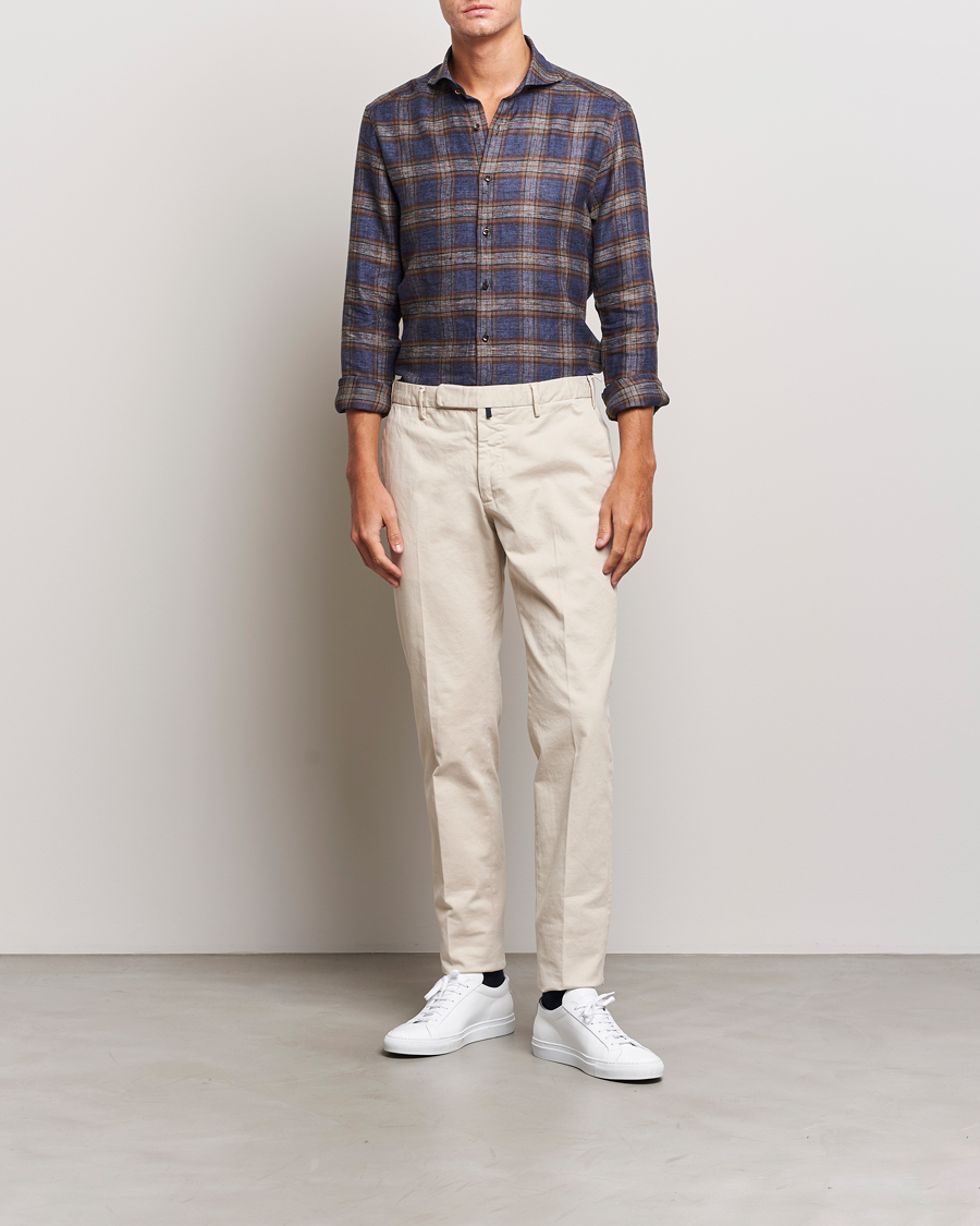 Homme | Chemises | Stenströms | Slimline Checked Linen Flannel Shirt Brown