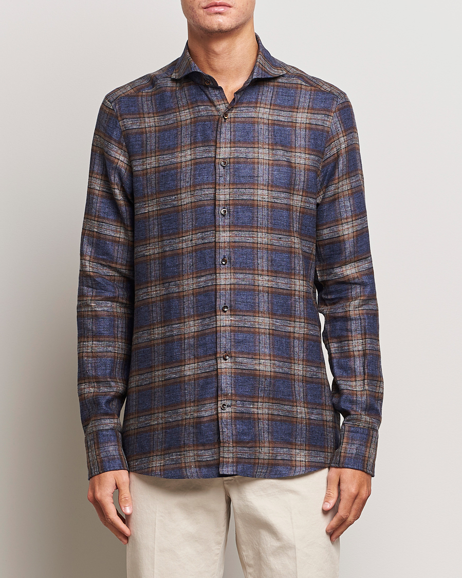 Homme | Chemises | Stenströms | Slimline Checked Linen Flannel Shirt Brown