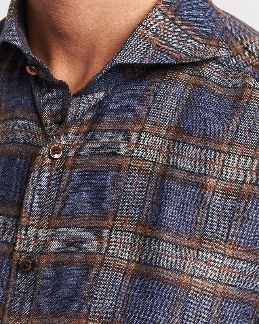 Homme | Chemises | Stenströms | Slimline Checked Linen Flannel Shirt Brown
