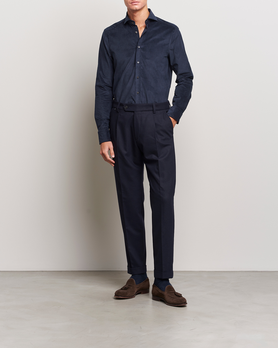 Homme | Chemises | Stenströms | Slimline Cut Away Corduroy Shirt Navy