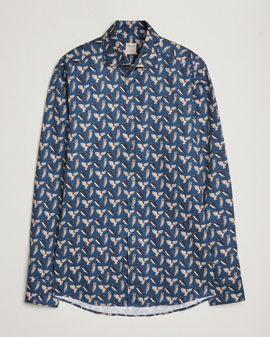 Homme | Chemises | Stenströms | Slimline Owl Printed Cut Away Shirt Blue
