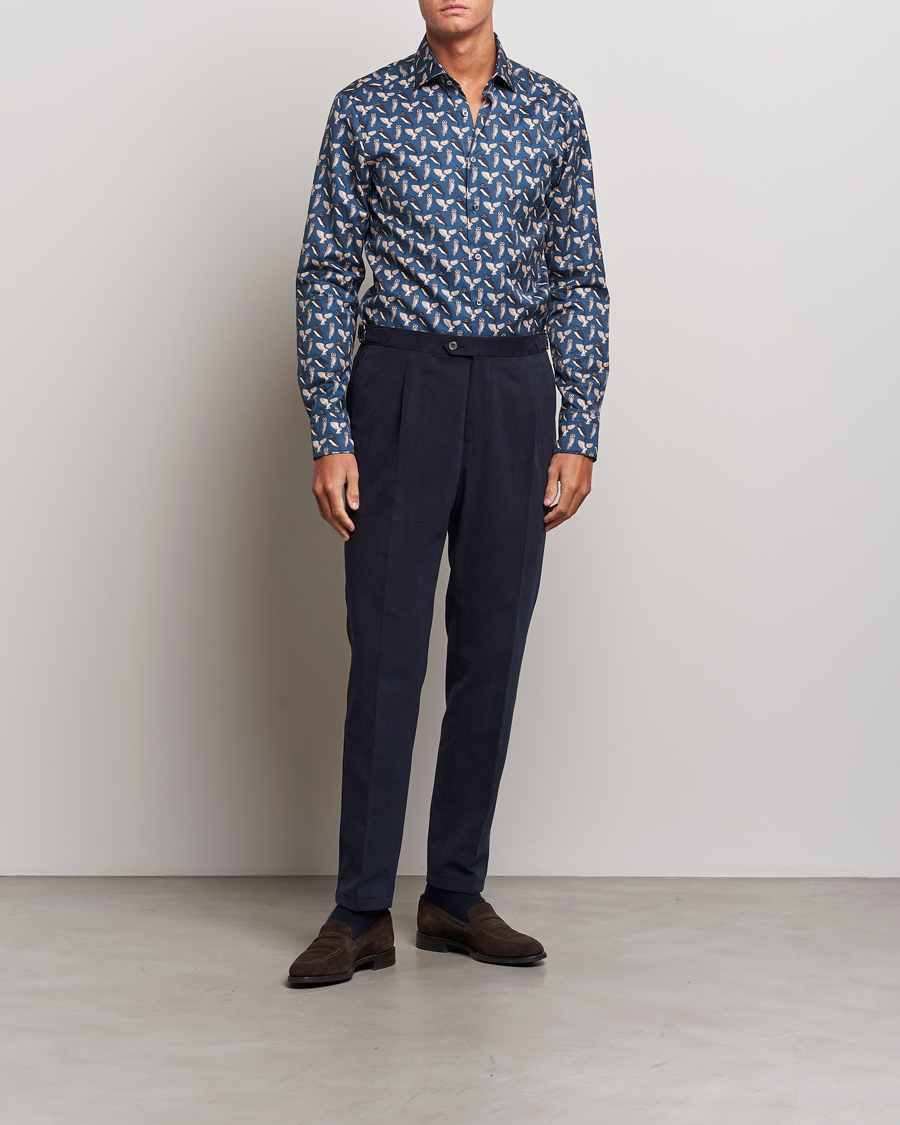 Homme | Chemises | Stenströms | Slimline Owl Printed Cut Away Shirt Blue