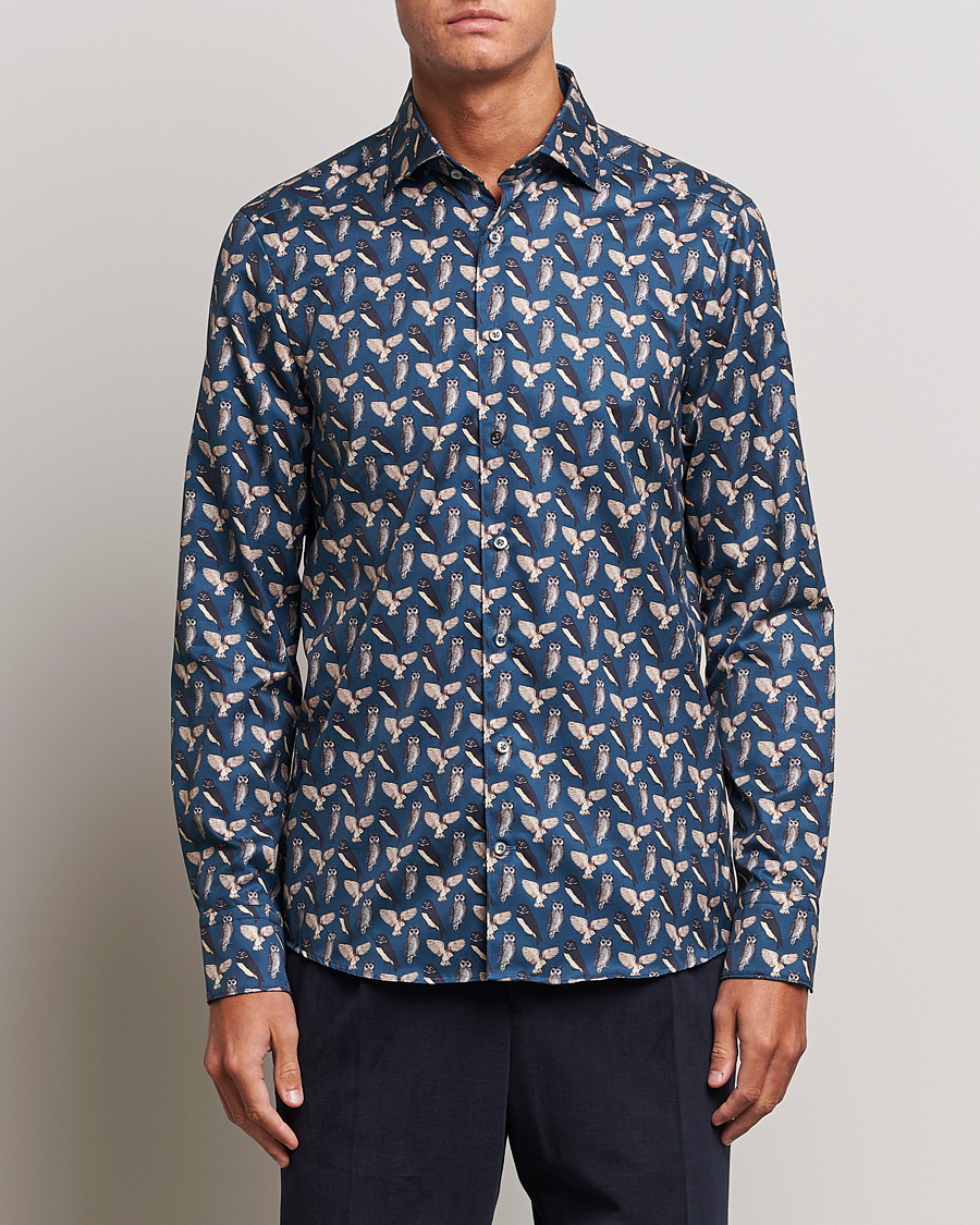 Homme | Chemises | Stenströms | Slimline Owl Printed Cut Away Shirt Blue