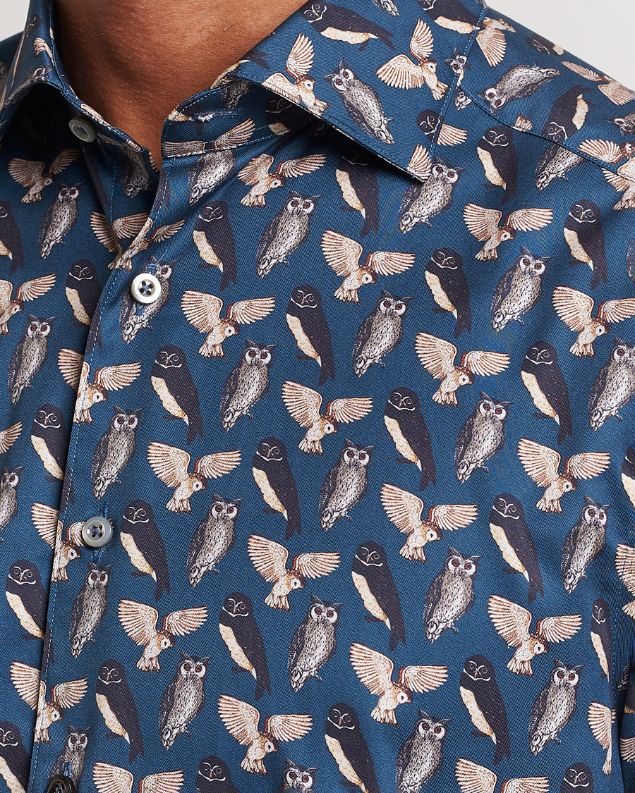 Homme | Chemises | Stenströms | Slimline Owl Printed Cut Away Shirt Blue