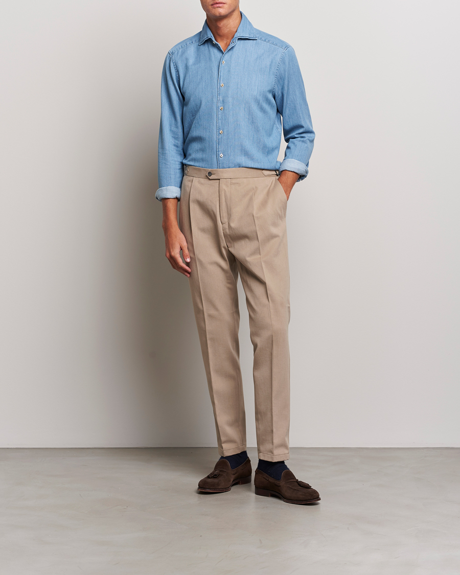 Homme | Chemises | Stenströms | Slimline One Piece Collar Denim Shirt Light Blue