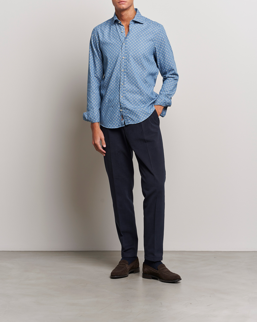 Homme | Chemises | Stenströms | Slimline Printed Cut Away Denim Shirt Light Blue