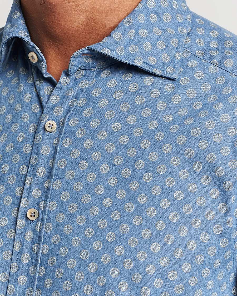 Homme | Chemises | Stenströms | Slimline Printed Cut Away Denim Shirt Light Blue