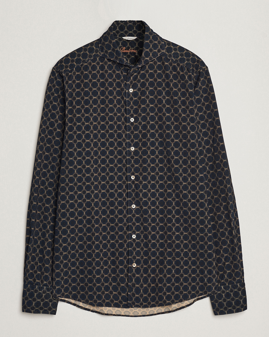 Homme | Chemises | Stenströms | Slimline Babycord Printed Cut Away Shirt Navy