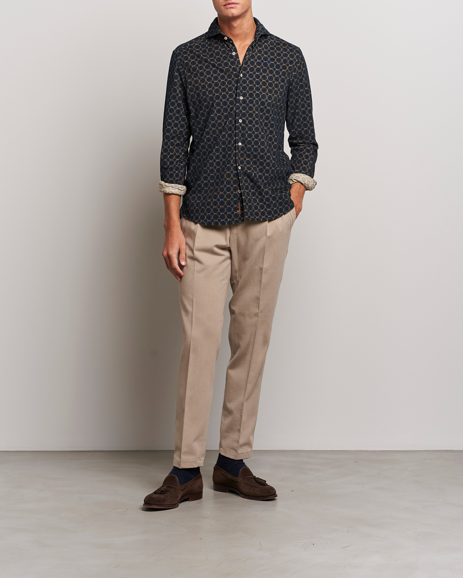 Homme | Chemises | Stenströms | Slimline Babycord Printed Cut Away Shirt Navy