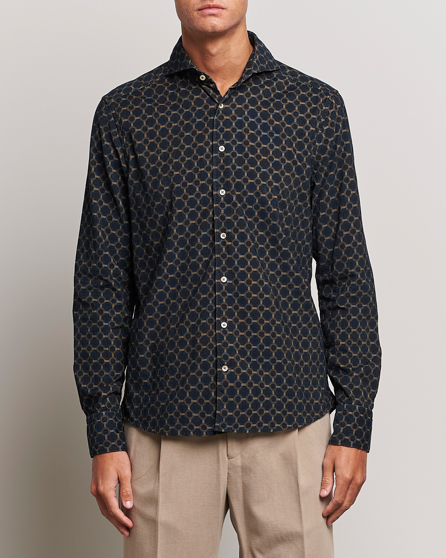 Homme | Chemises | Stenströms | Slimline Babycord Printed Cut Away Shirt Navy