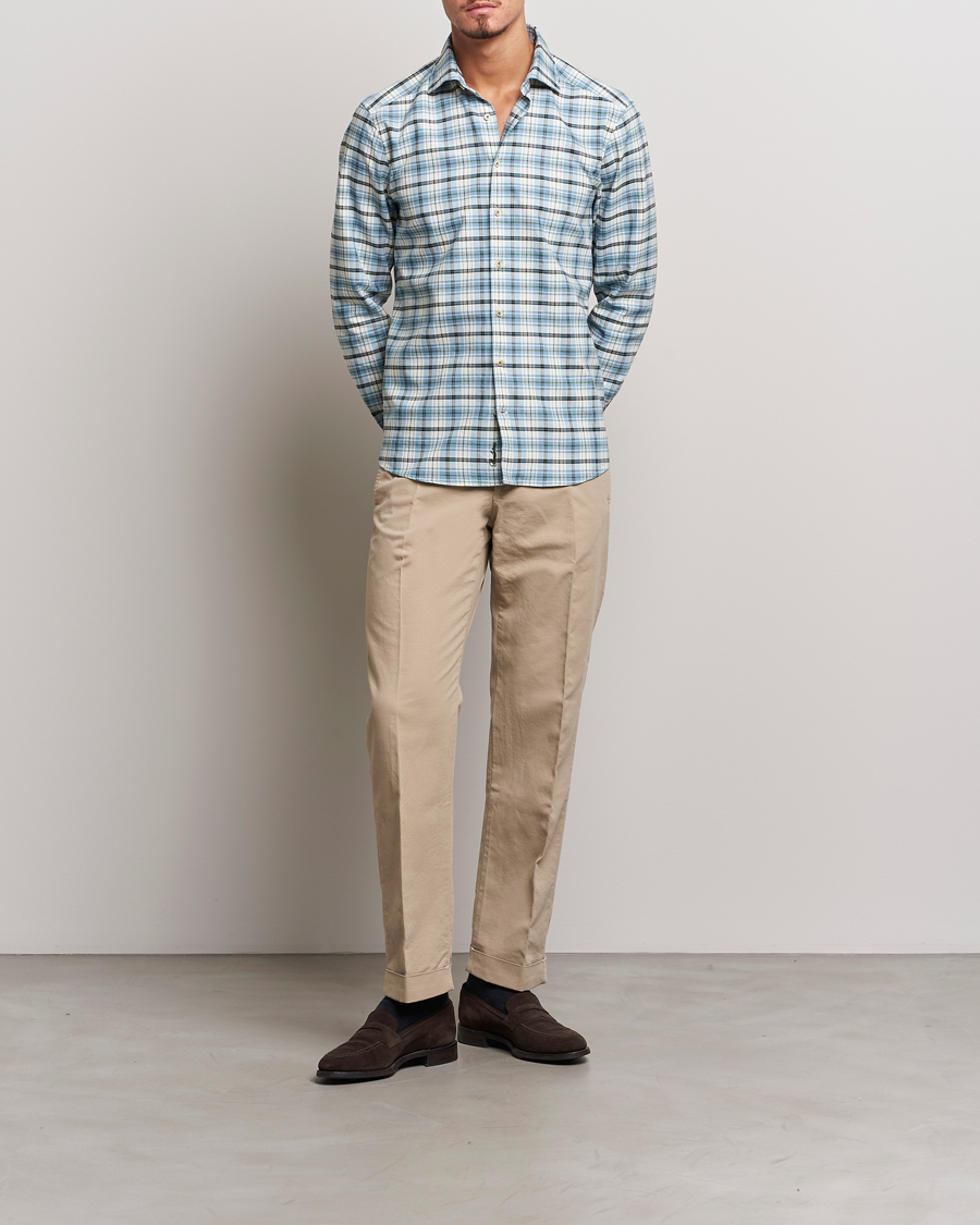 Homme | Chemises | Stenströms | Slimline Checked Oxford Cut Away Shirt Light Blue