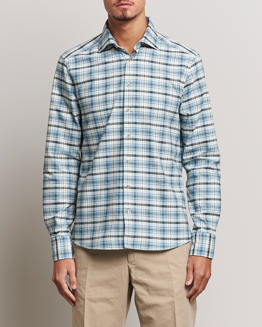 Homme | Chemises | Stenströms | Slimline Checked Oxford Cut Away Shirt Light Blue