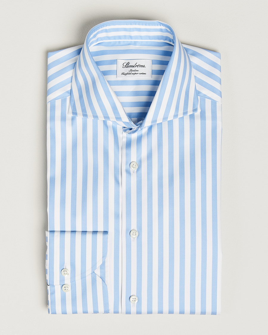 Homme | Chemises | Stenströms | Slimline Bold Stripe 2-Fold Cut Away Shirt Light Blue