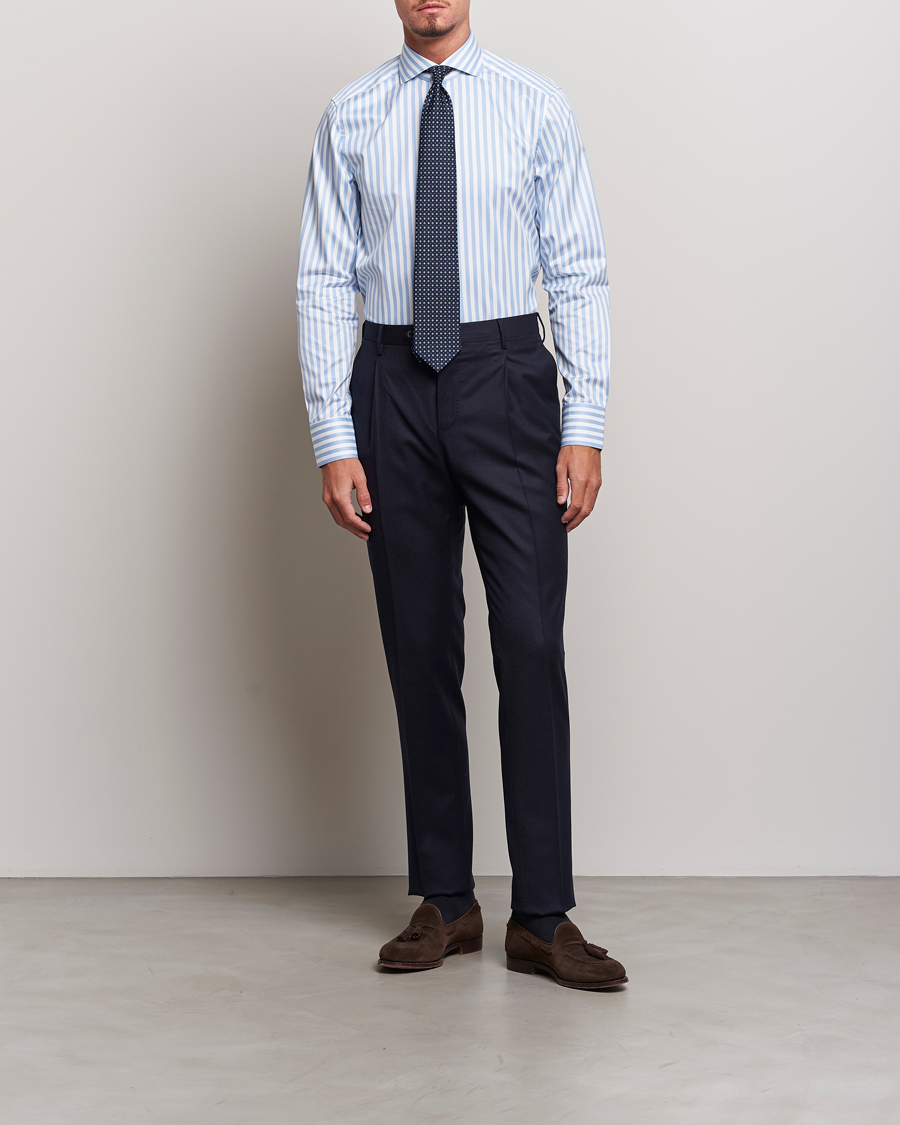 Homme | Chemises | Stenströms | Slimline Bold Stripe 2-Fold Cut Away Shirt Light Blue