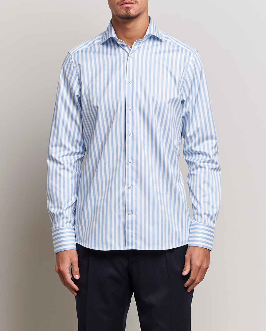 Homme | Chemises | Stenströms | Slimline Bold Stripe 2-Fold Cut Away Shirt Light Blue
