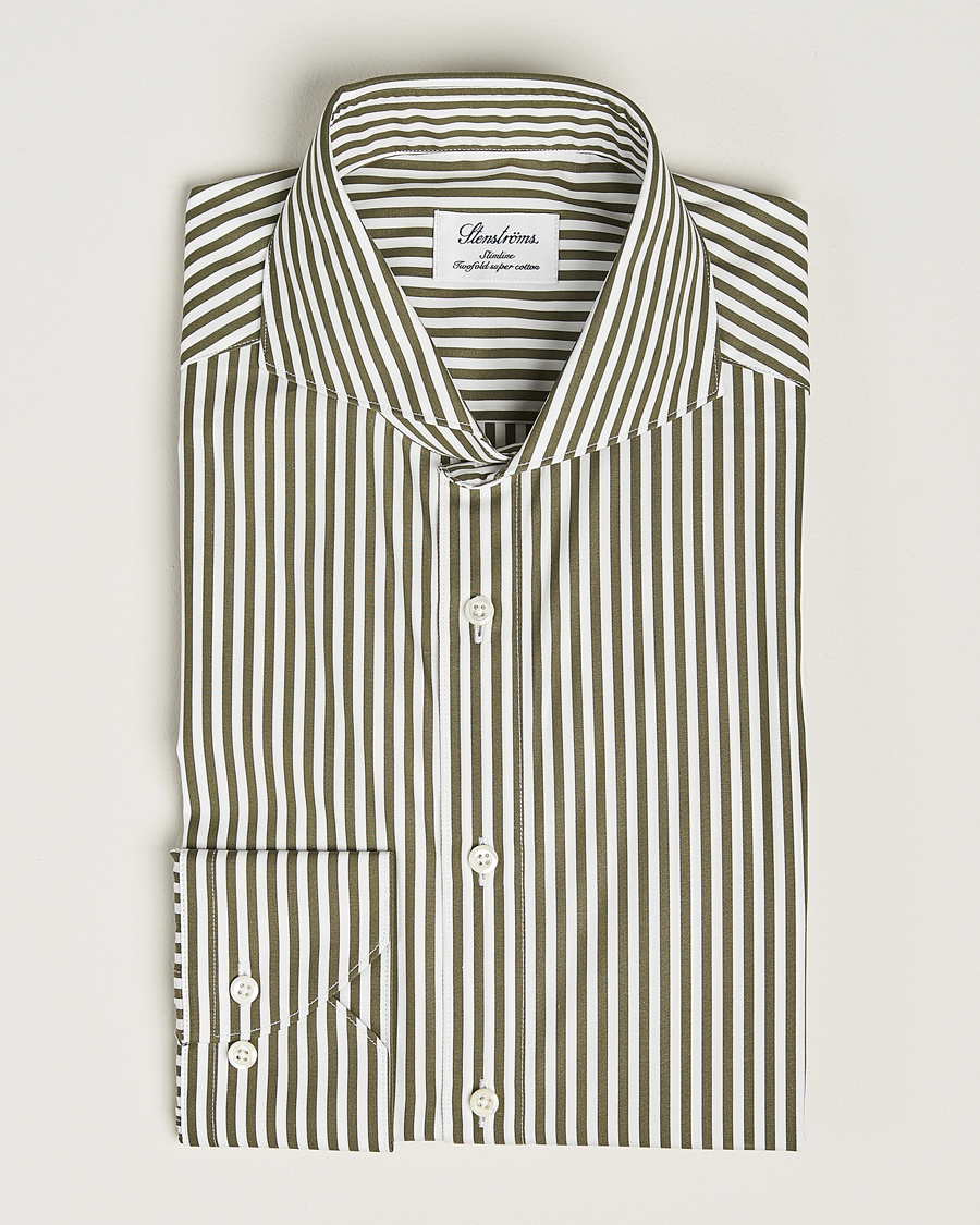 Homme | Chemises | Stenströms | Slimline Striped Popline Cut Away Shirt Green