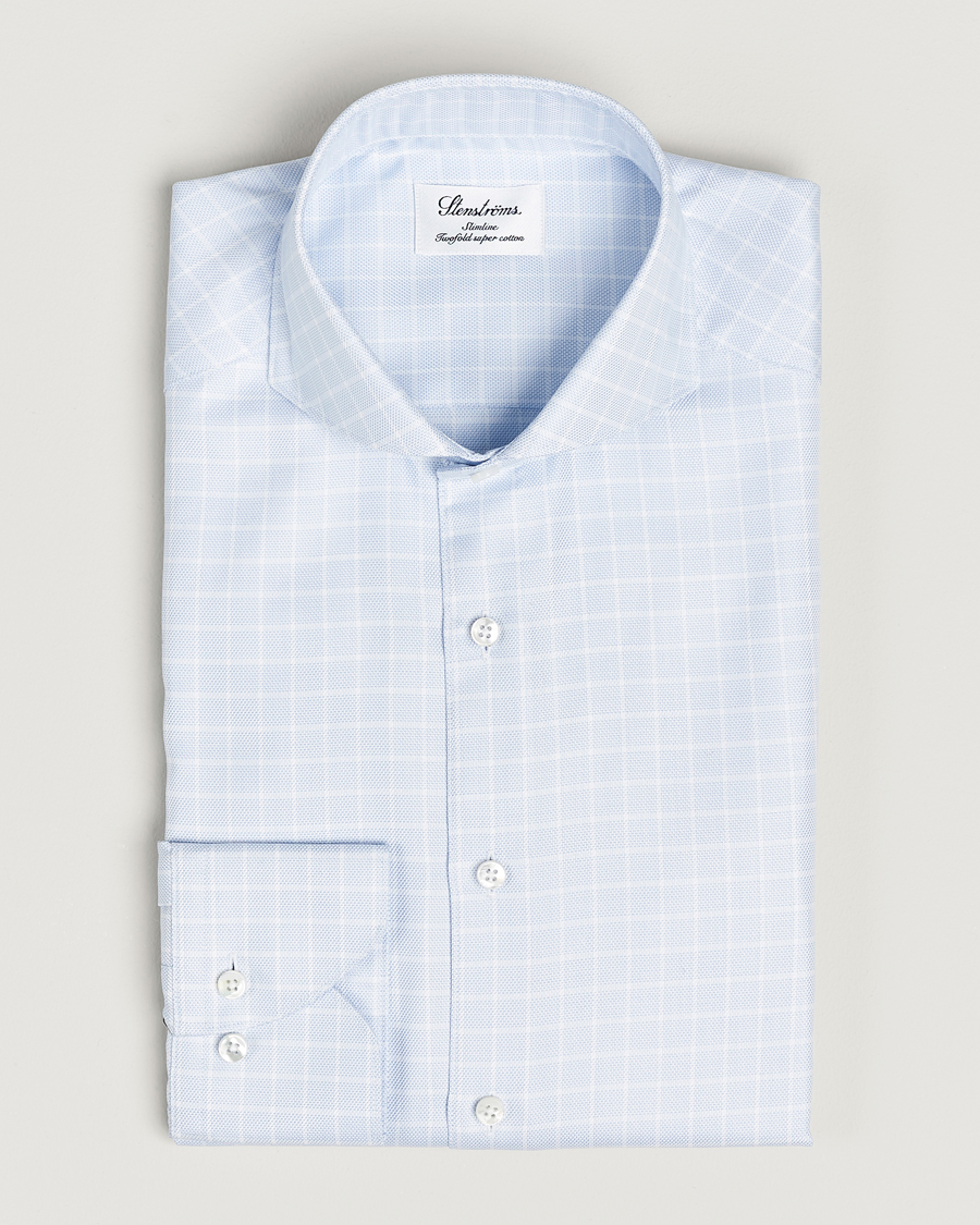 Homme | Chemises | Stenströms | Slimline Small Checked Cut Away Shirt Light Blue