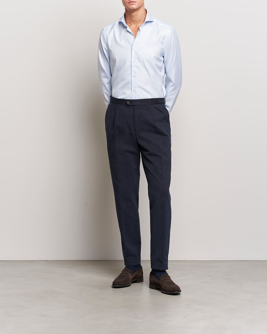 Homme | Chemises | Stenströms | Slimline Small Checked Cut Away Shirt Light Blue