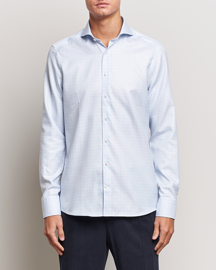 Homme | Chemises | Stenströms | Slimline Small Checked Cut Away Shirt Light Blue